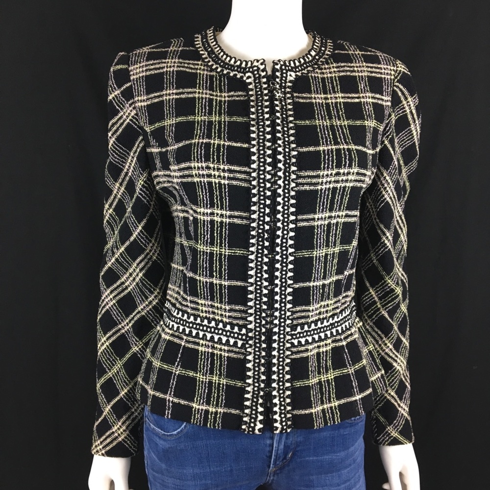 St. John Collection Black Cream Check Tweed Blazer
